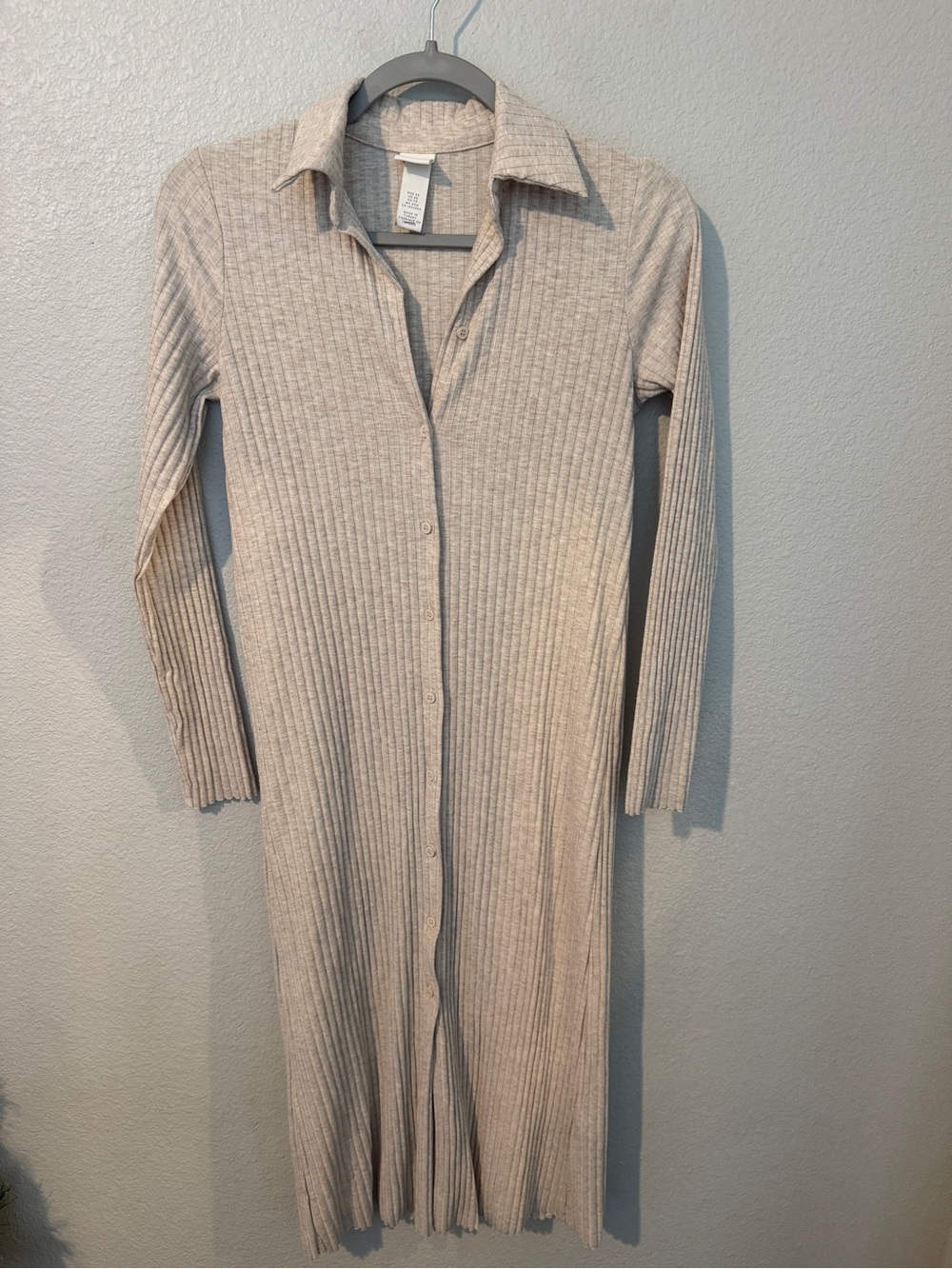 H&M Ribbed Button-Front Long Sleeve Dress - Light Beige